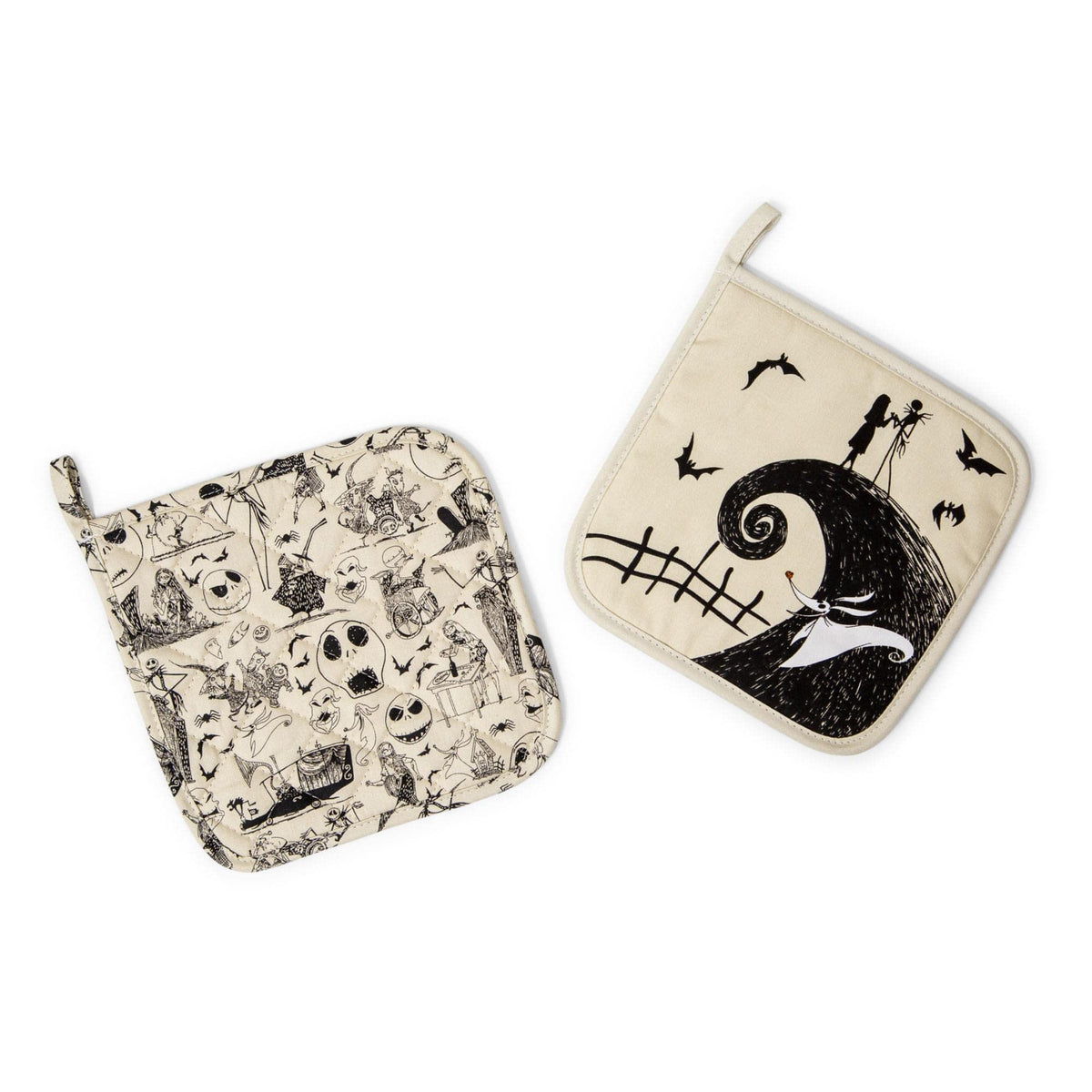 The Nightmare Before Christmas pot holders showing Jack and Sally on Spiral Hill for safe cooking