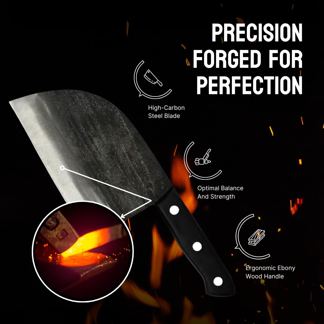 The Nikos Knife Serbian Chef Knife full tang design ensures durability for heavy chopping.