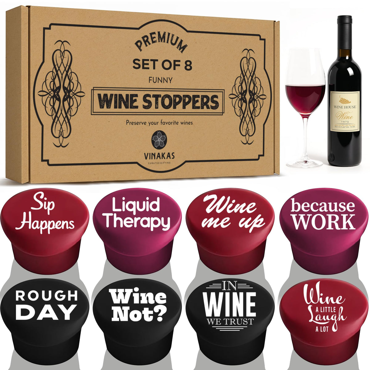 The ONLY GIFT WORTH GIVING set of eight funny silicone wine stoppers seals freshness.
