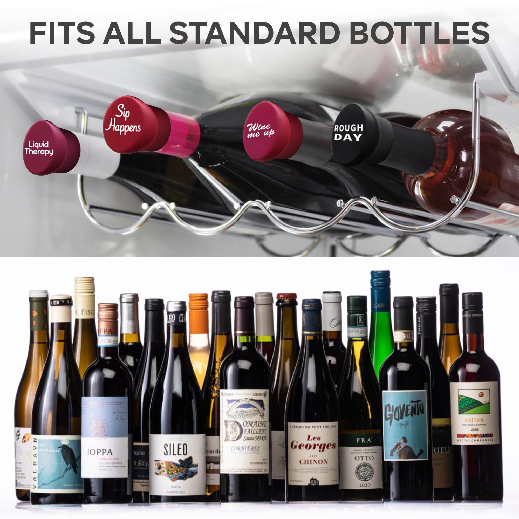 The ONLY GIFT WORTH GIVING witty phrases on wine stoppers spark conversation.