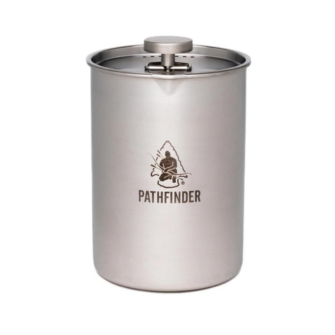 The Pathfinder School French press camping: portable design for on-the-go coffee.