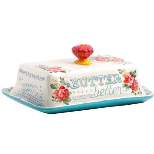 The Pioneer Woman vintage floral butter dish lid closeup shows secure cover for serving.