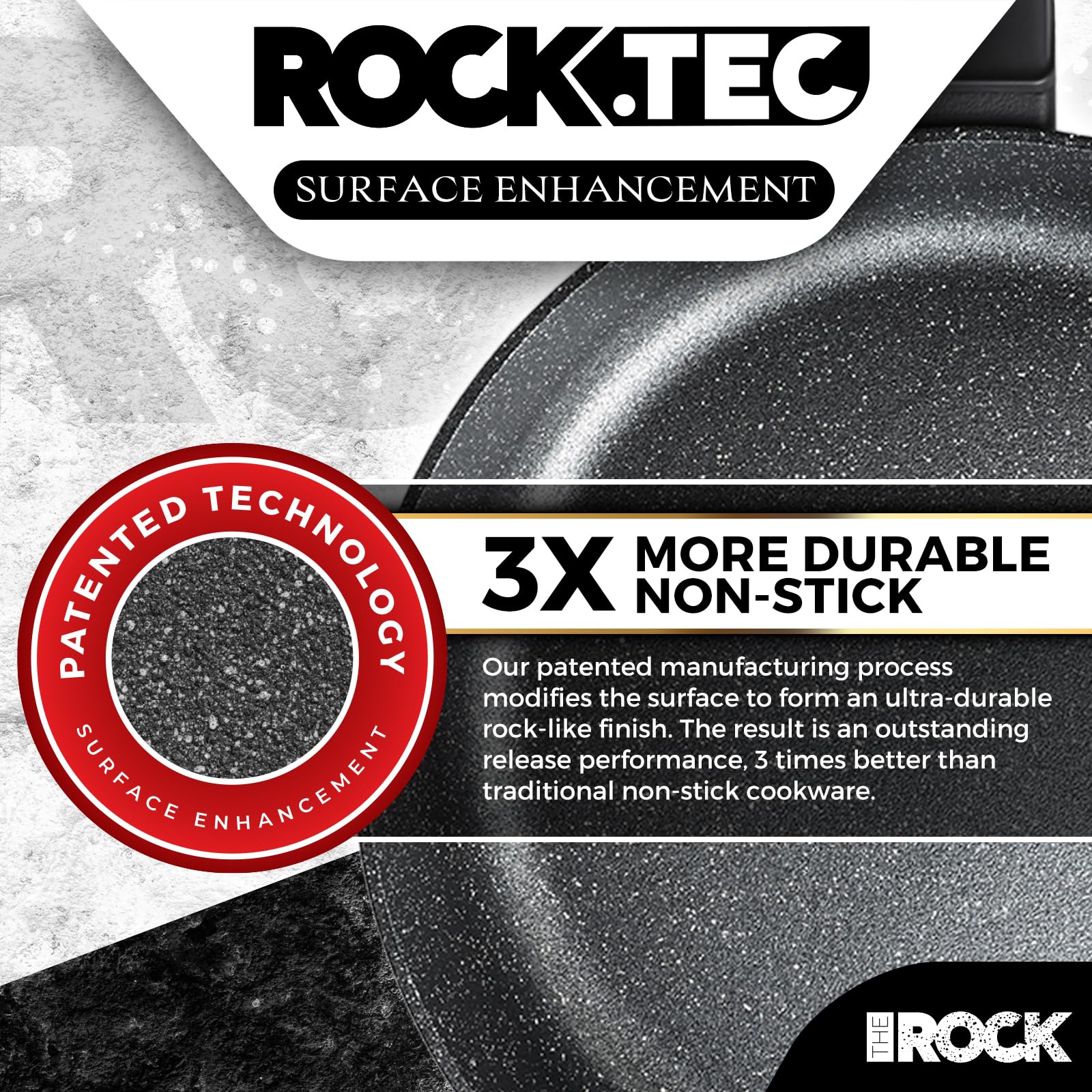 The Rock Soho pan handle close-up showing a cool-touch grip for safe cooking.