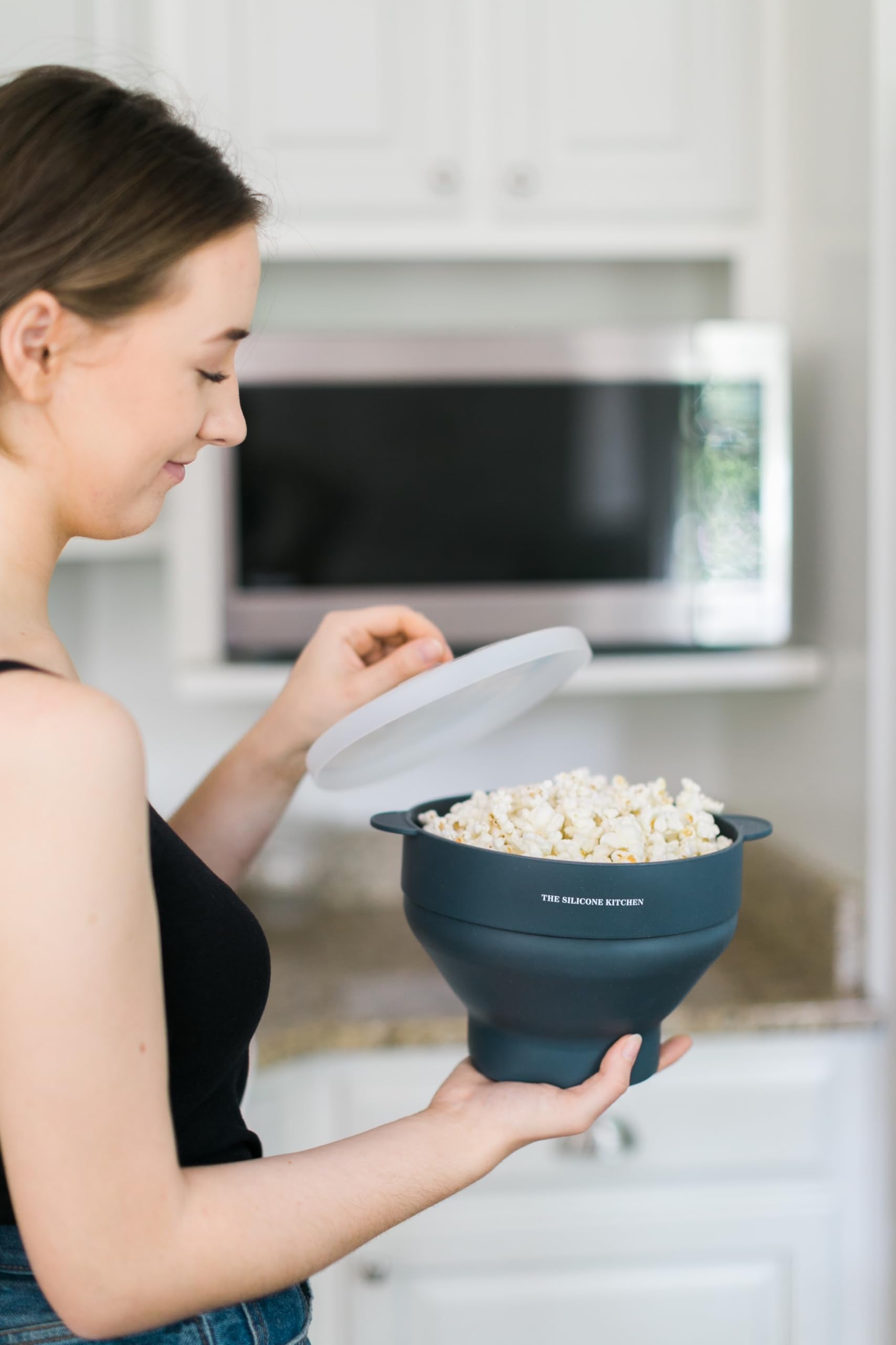 The Silicone Kitchen dark-blue popcorn maker detail adds kitchen style