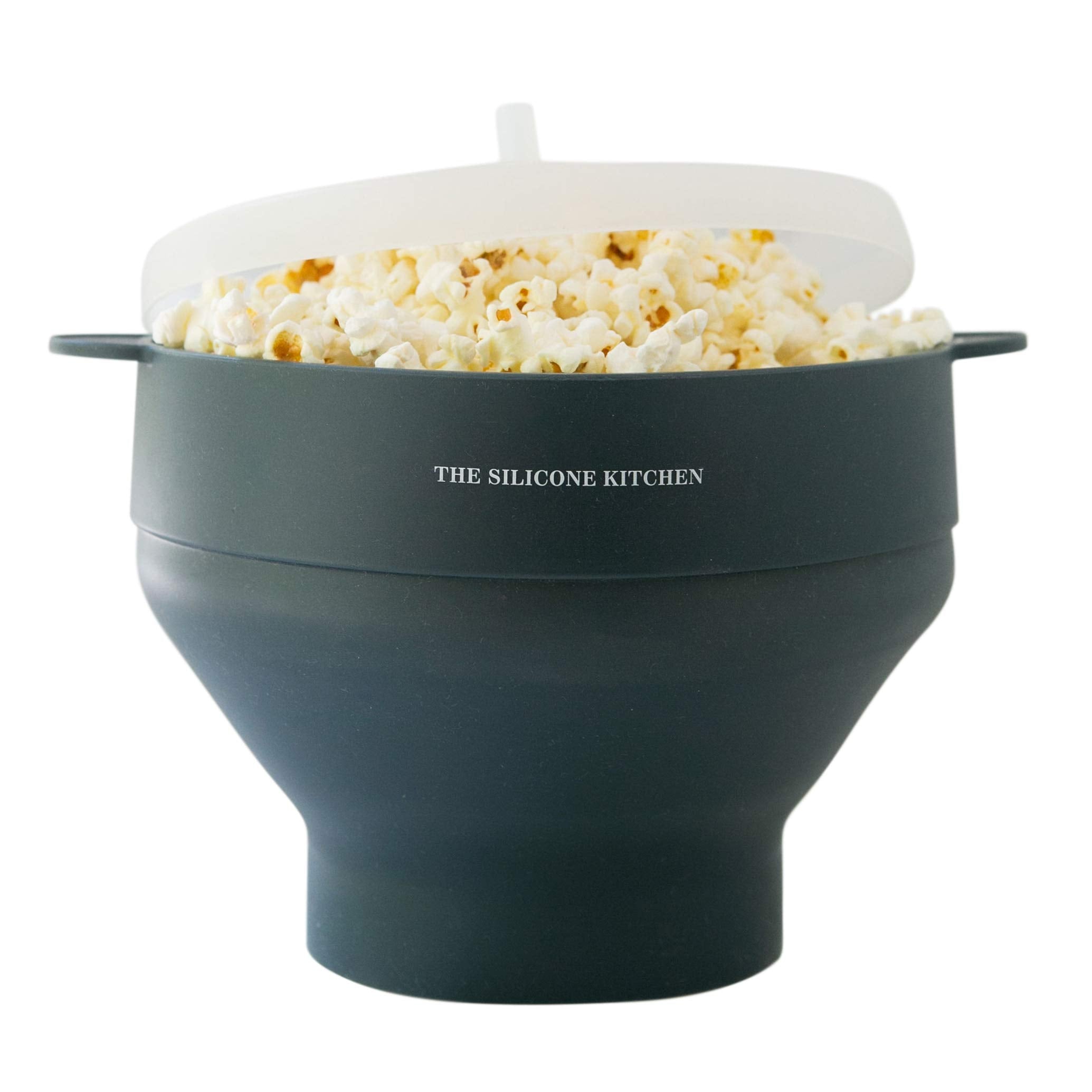 The Silicone Kitchen popcorn maker with handles and lid on the counter for quick prep