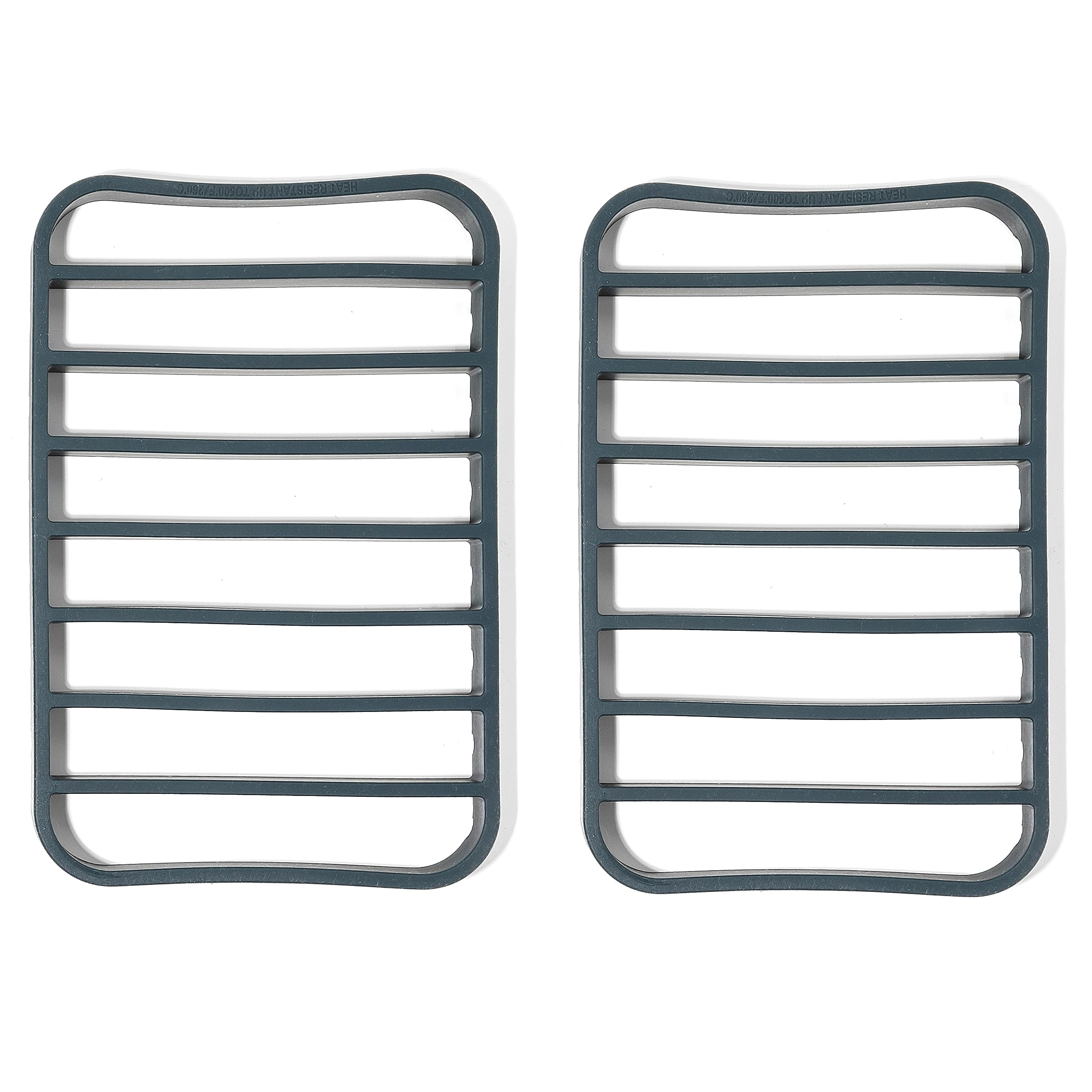 The Silicone Kitchen navy roasting rack on a quarter-sheet pan for even airflow.