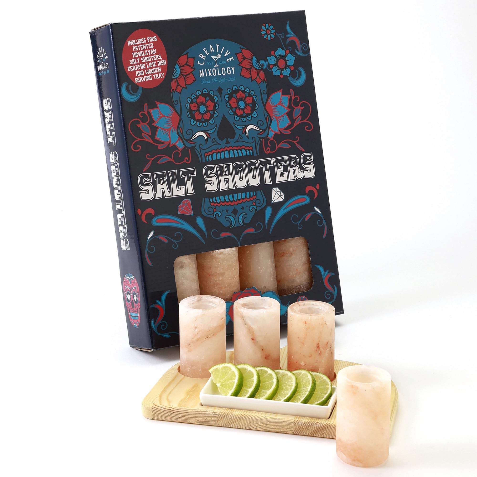 The Spice Lab pink Himalayan salt tequila shot glasses in a tray for entertaining.