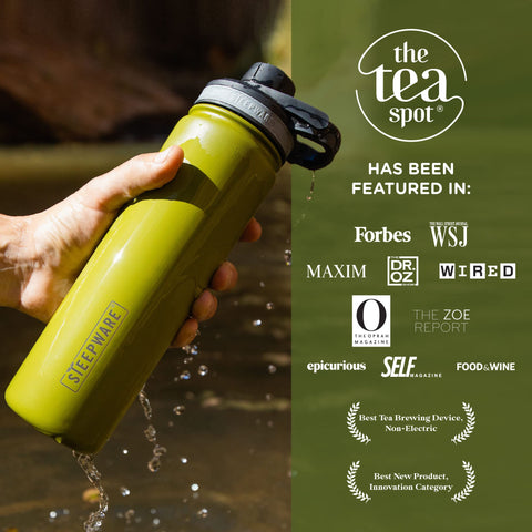 The Tea Spot Steepware brew-on-the-go design supports hot tea or iced coffee.