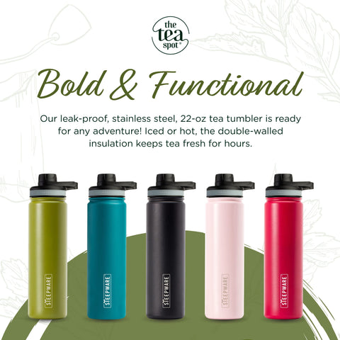 The Tea Spot Steepware insulated vacuum body keeps beverages hot or cold during commutes.