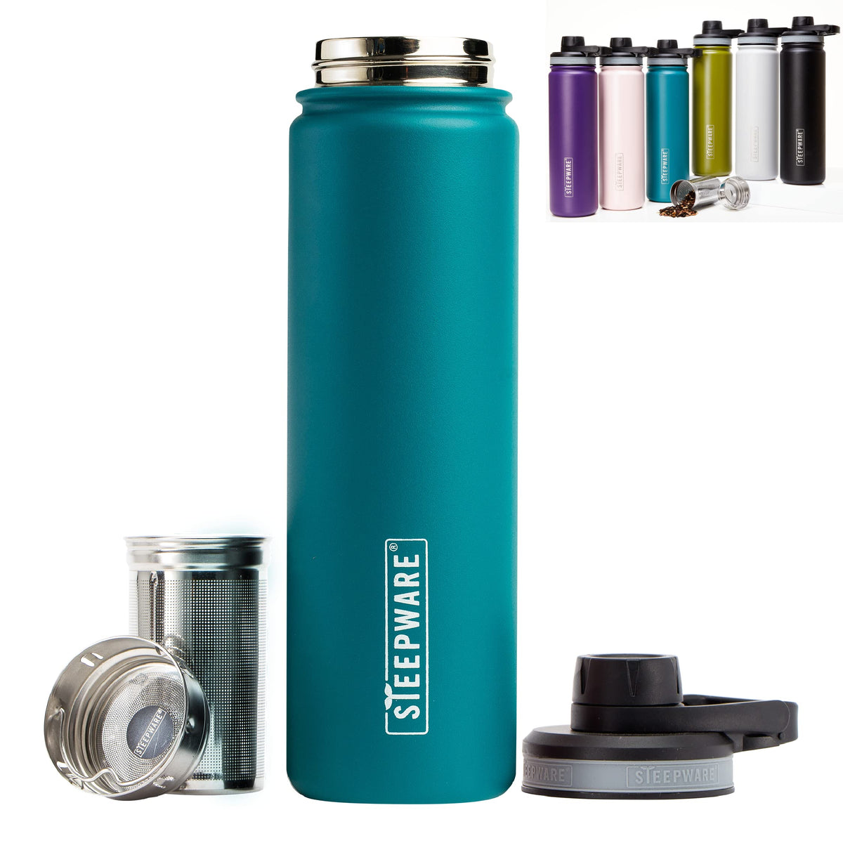 The Tea Spot Steepware teal 22oz tea tumbler with an ultra-fine infuser for loose leaf tea on the go.