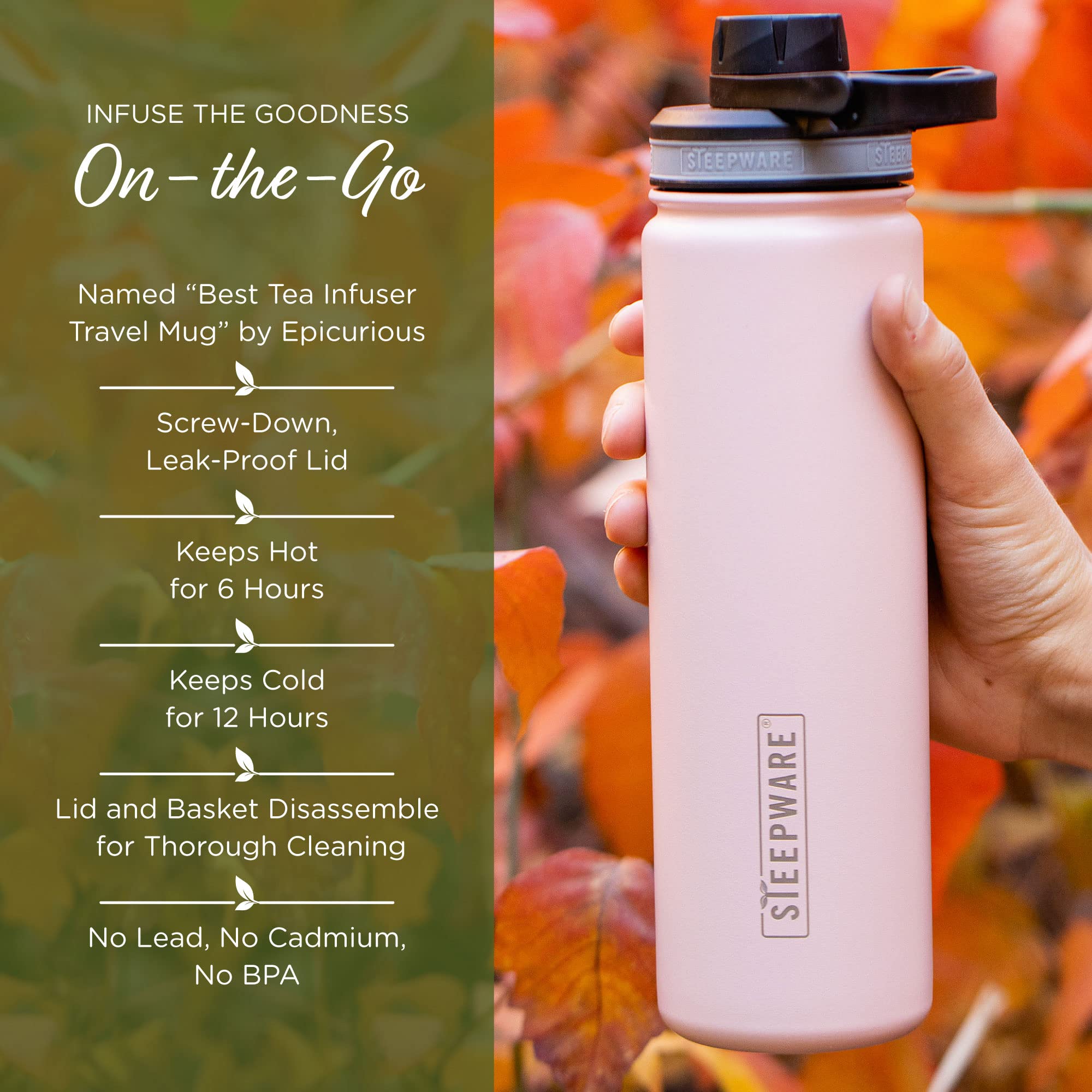 The Tea Spot Steepware ultra-fine infuser enables flavorful brews without loose particles.