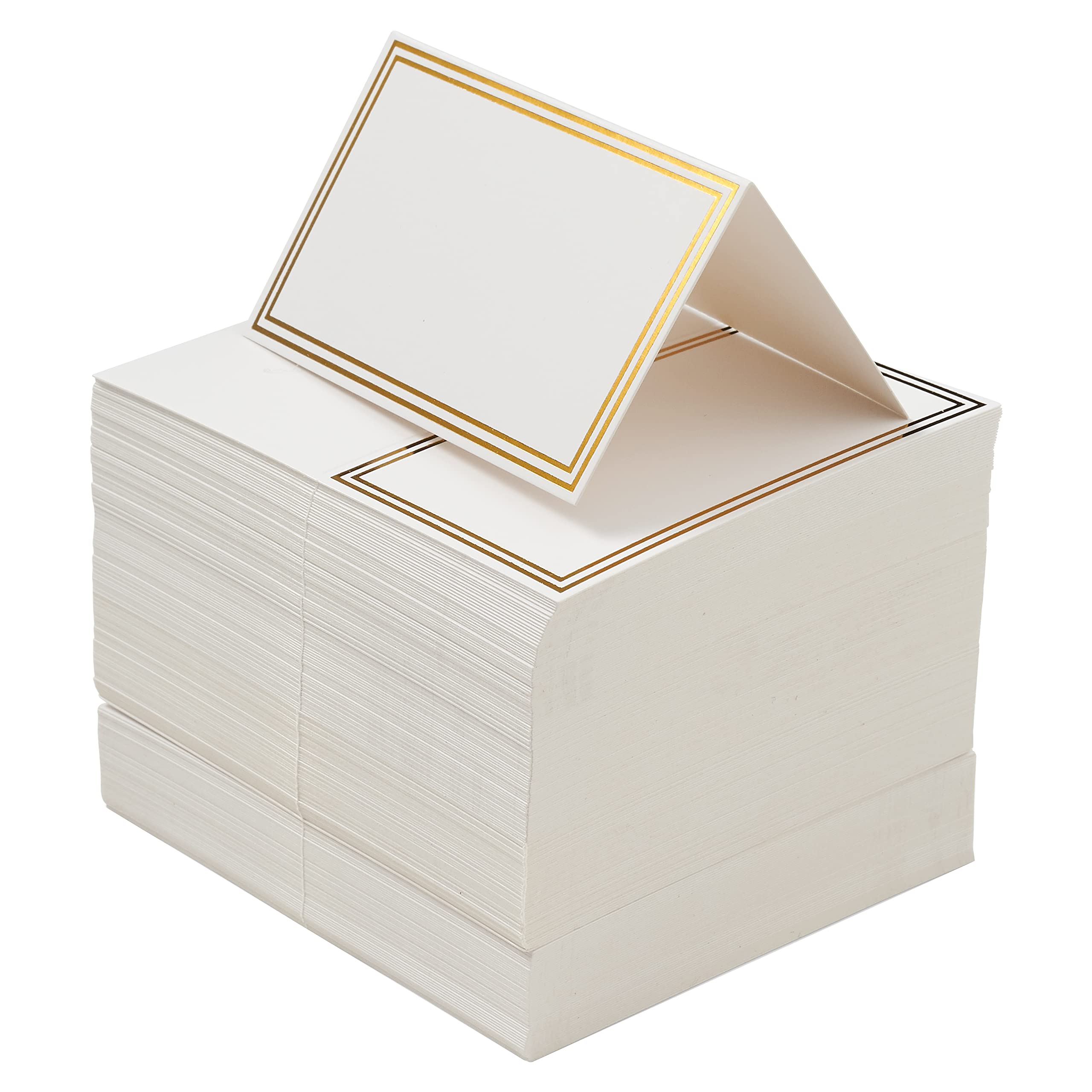 The Twiddlers 200 name cards with white stock and gold border for elegant wedding tables