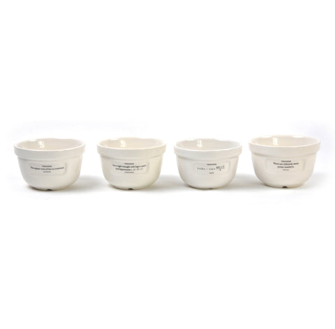 Each bowl holds 8 oz; 4 inch diameter and 2 inch depth.