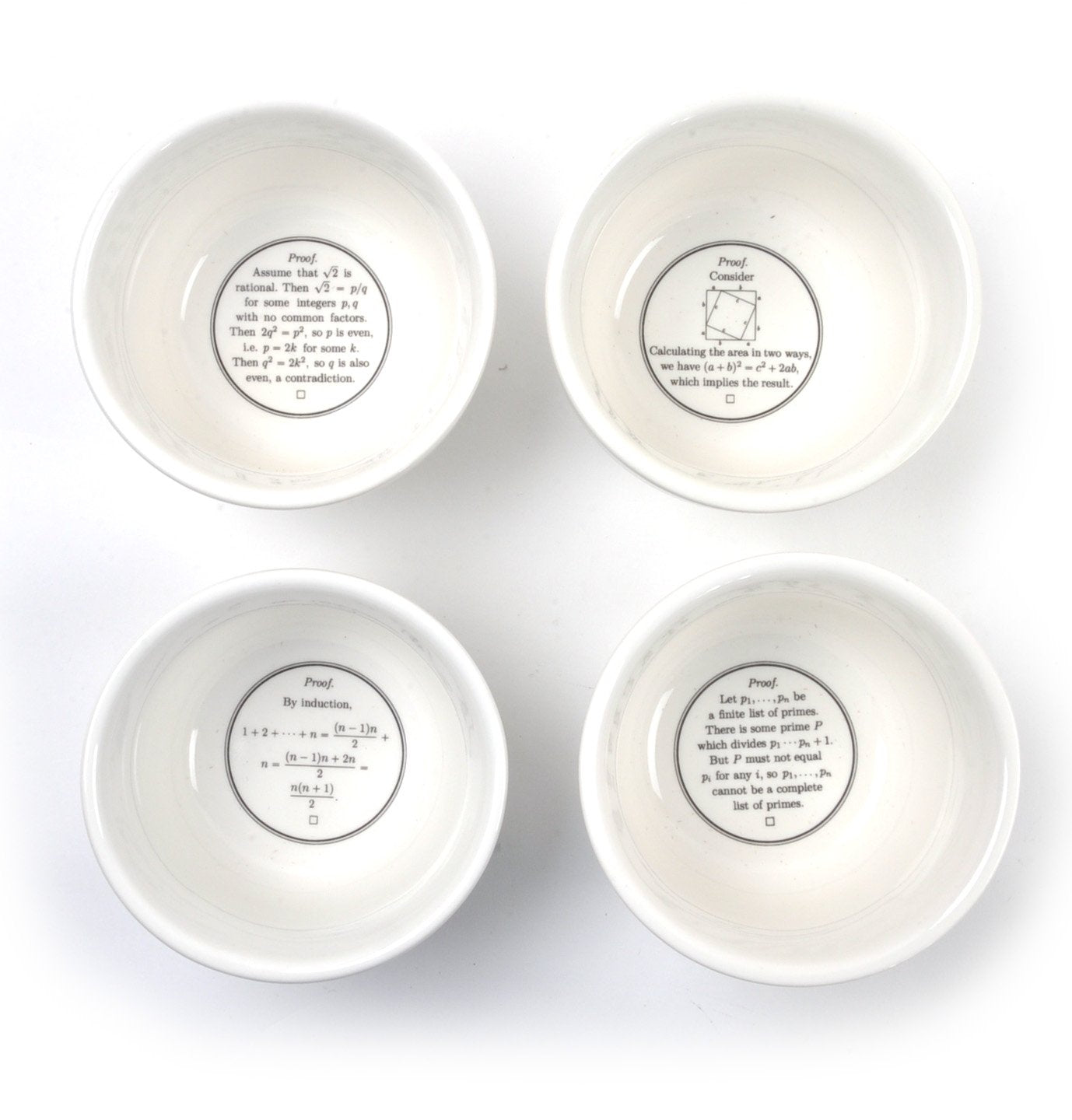The Unemployed Philosophers Guild proof bowls showcase Pythagoras proof for math-themed study sessions.