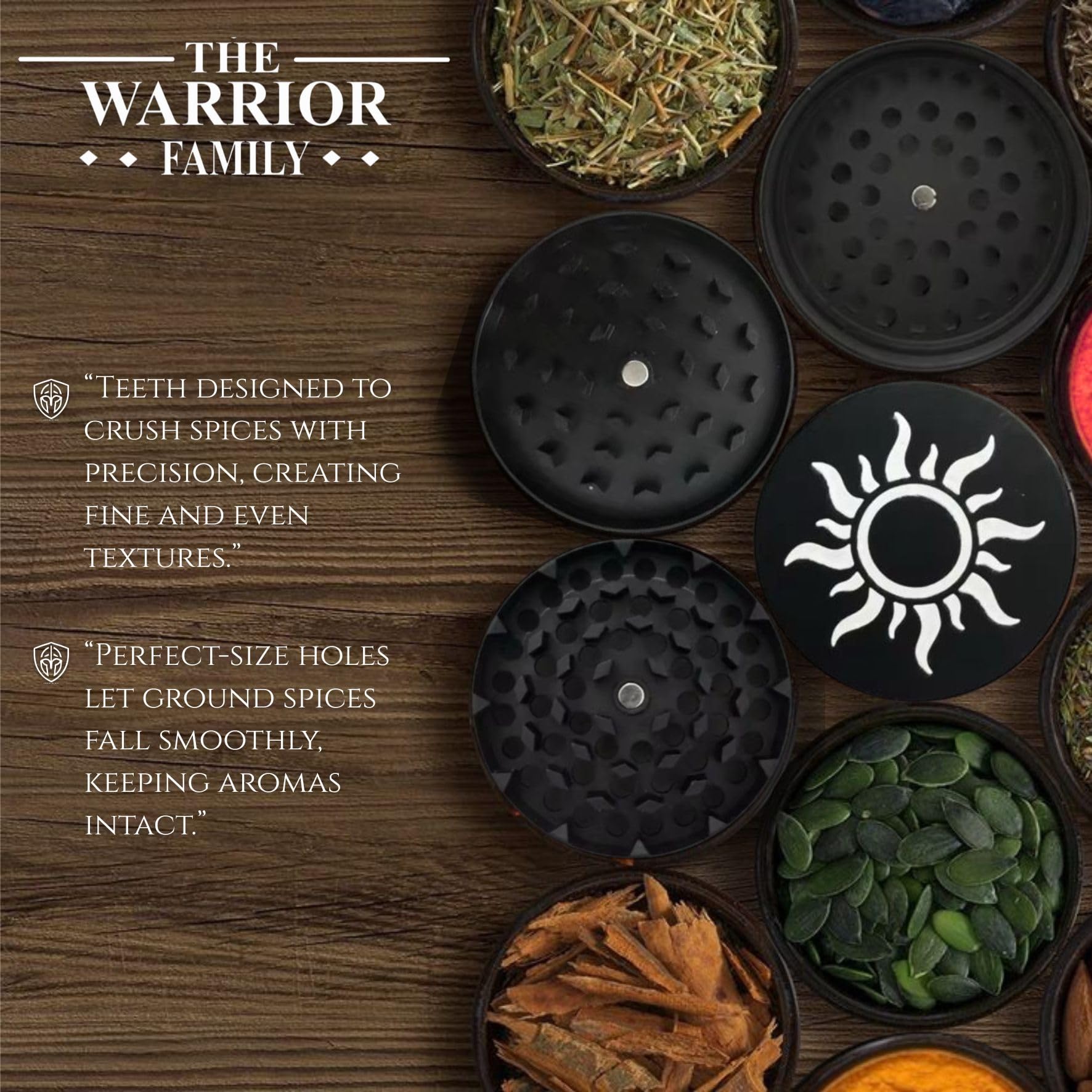 Pollen catcher in The Warrior Family grinder preserving aroma and flavor