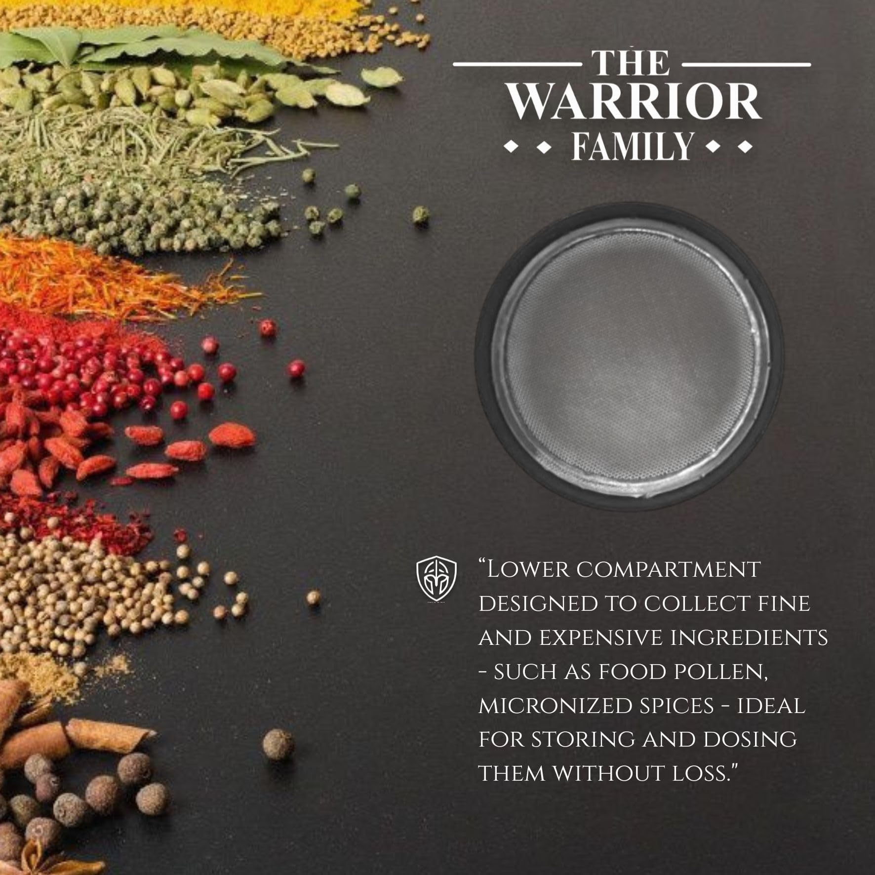 Stainless steel mesh pollen catcher in The Warrior Family grinder
