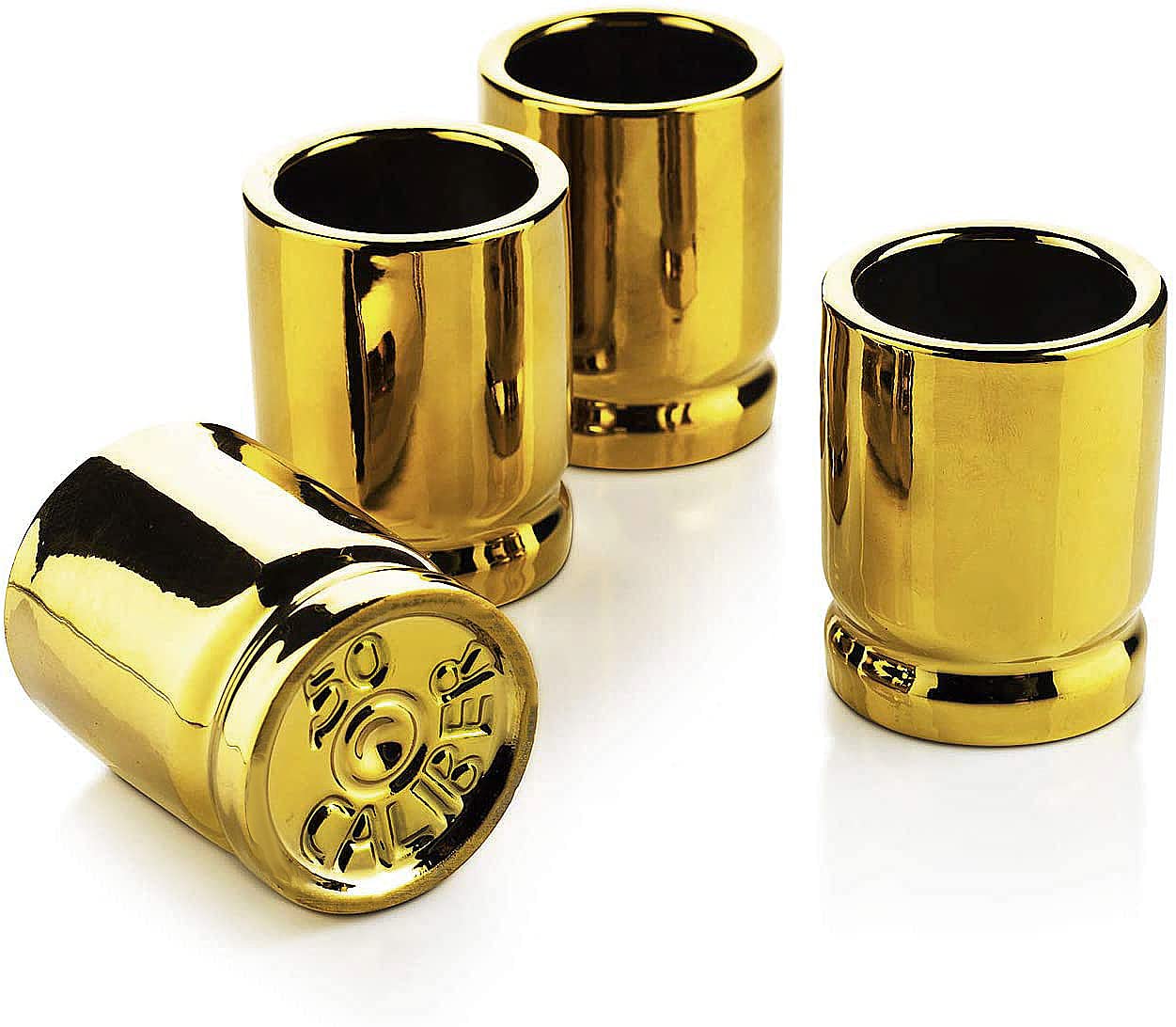 The Wine Savant 50 Cal Bullet shot glasses on a bar display, a striking conversation starter.