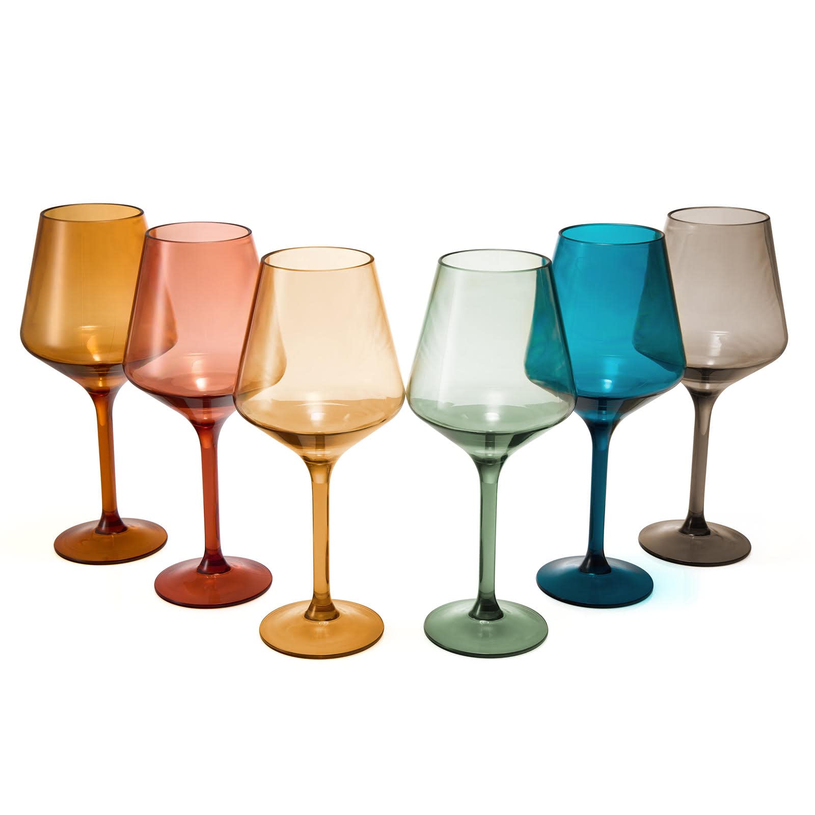 The Wine Savant muted-color plastic wine glasses set enhances outdoor dining with durable elegance.