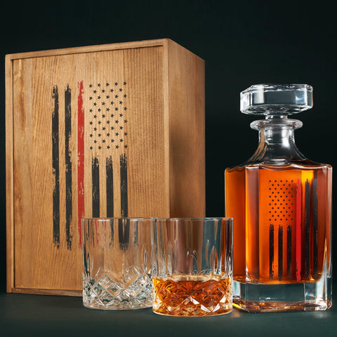 The Wine Savant firefighter decanter with red flag design for patriotic appeal.