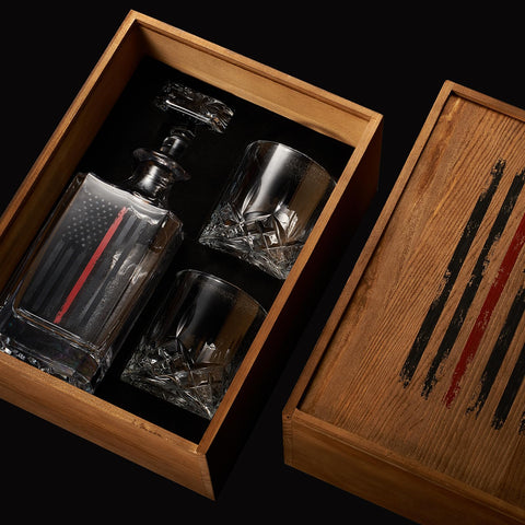 The Wine Savant glasses highlight the bold red flag motif.
