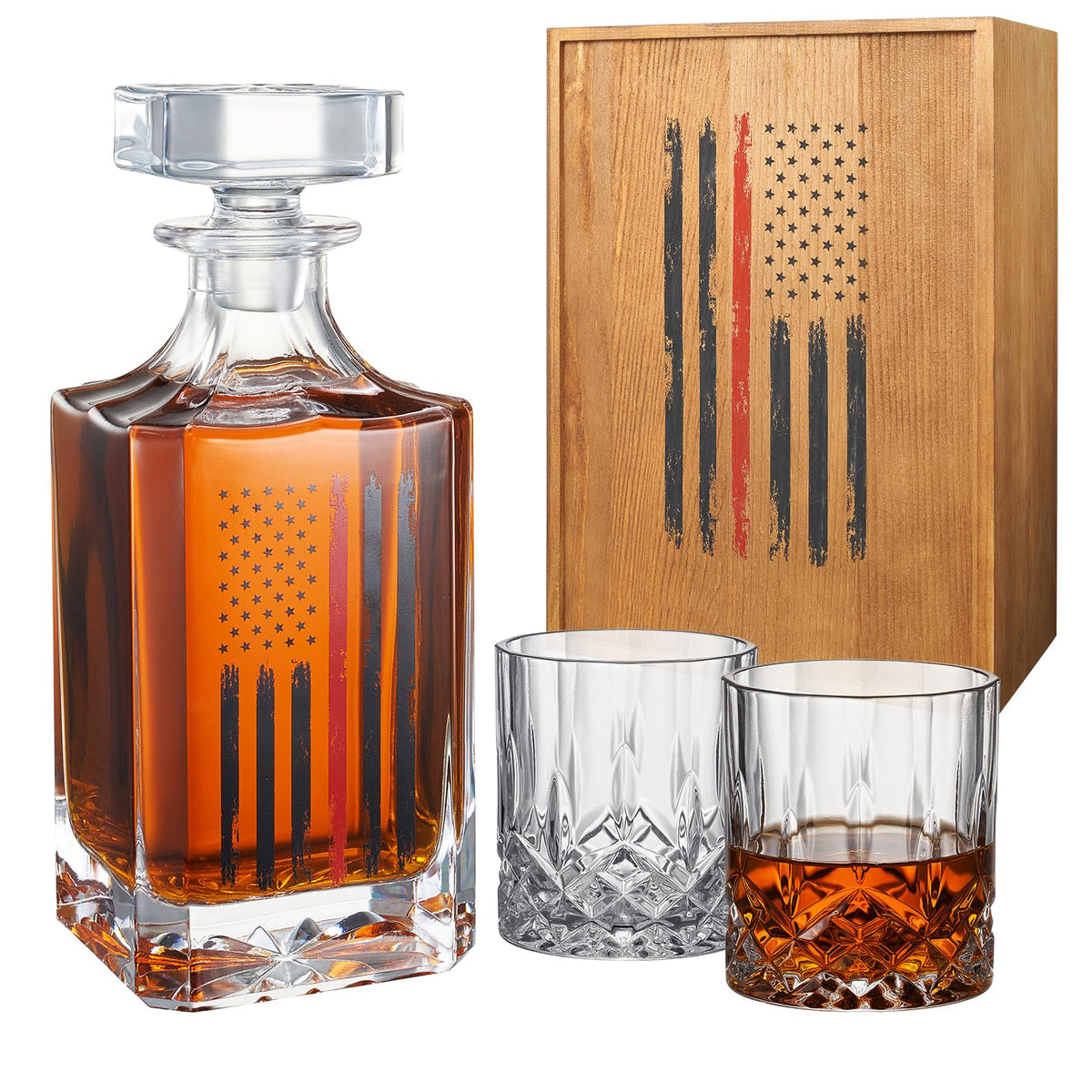 The Wine Savant firefighter whiskey decanter with airtight seal and 730ml capacity.