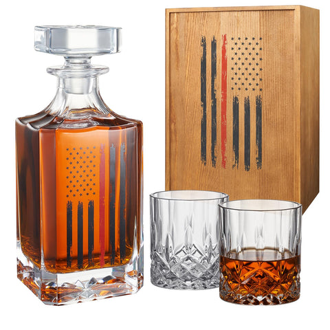 The Wine Savant firefighter whiskey decanter with airtight seal and 730ml capacity.