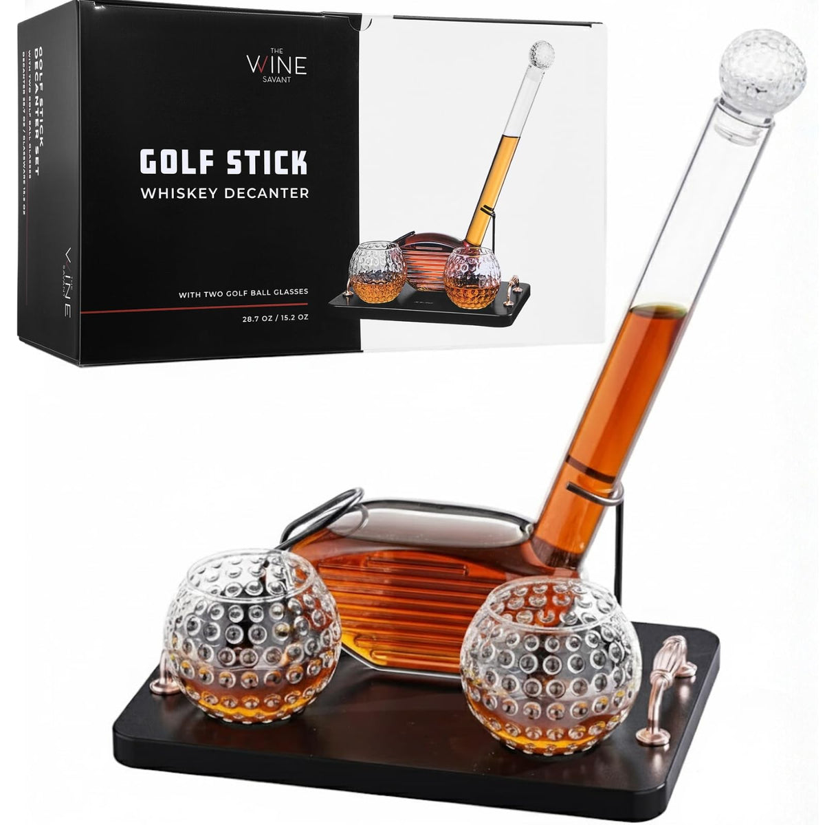 The Wine Savant golf club whiskey decanter on a bar displays premium spirits