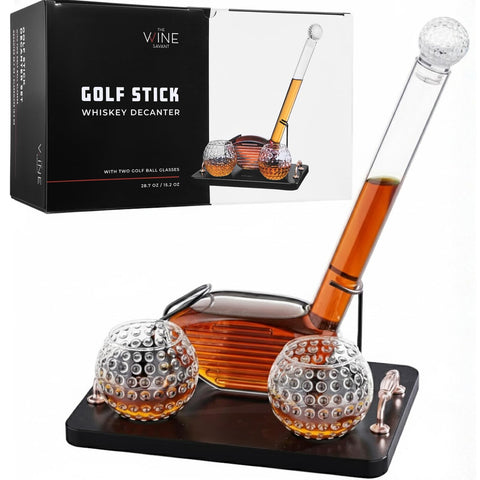 The Wine Savant golf club whiskey decanter on a bar displays premium spirits