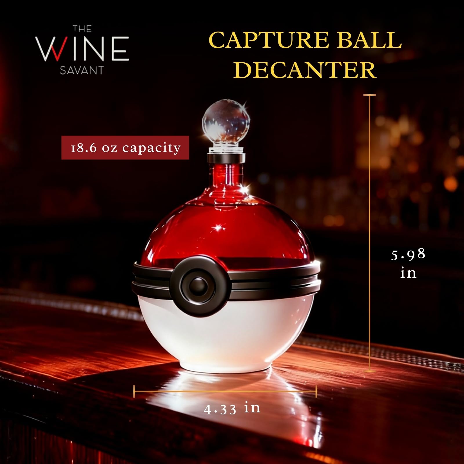 The Wine Savant red-white spherical decanter elevates bar display and conversation.