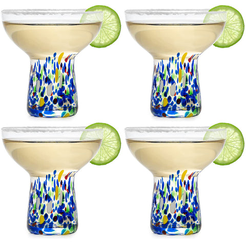 The Wine Savant stemless margarita glasses with confetti design, ideal for stylish entertaining.