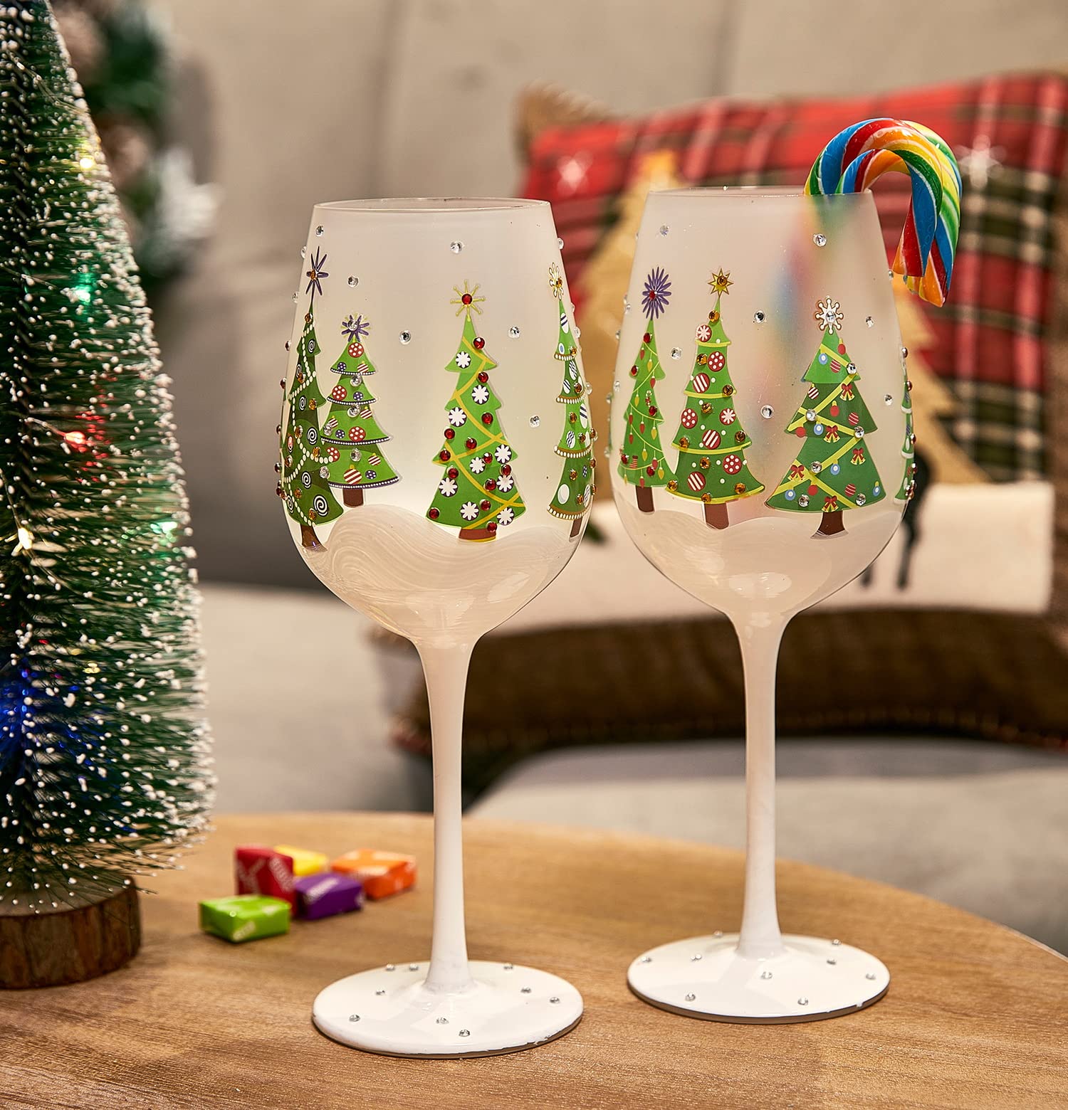 The Wine Savant stemmed glass showcases holiday tree design for elegant gatherings.