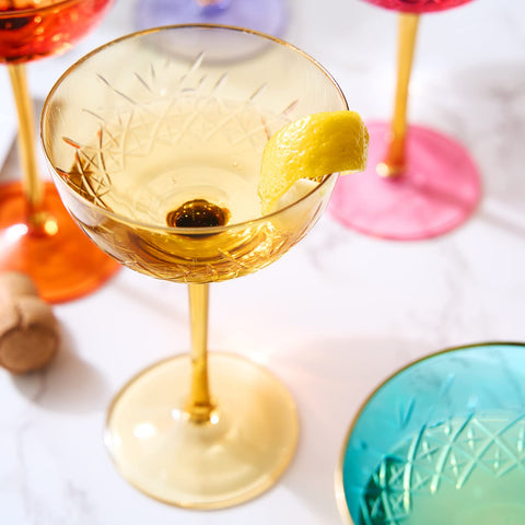 The Wine Savant orange vintage art deco coupe glass, vibrant for cocktails