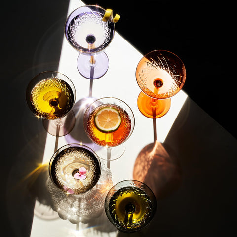 The Wine Savant yellow vintage art deco coupe glass, bright for brunches