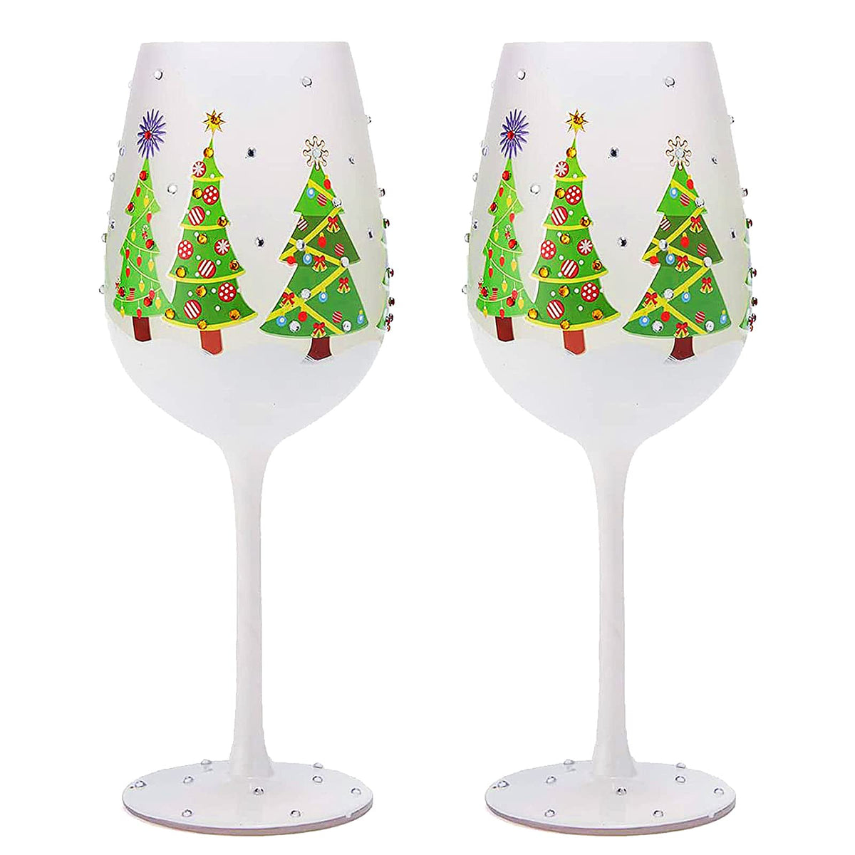 The Wine Savant winter tree glass with decorated exterior for festive toasts.