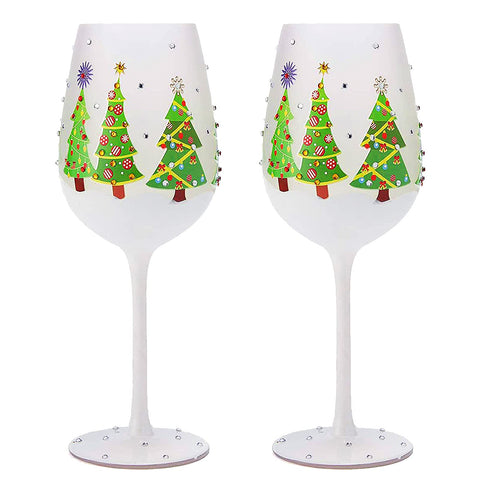 The Wine Savant winter tree glass with decorated exterior for festive toasts.