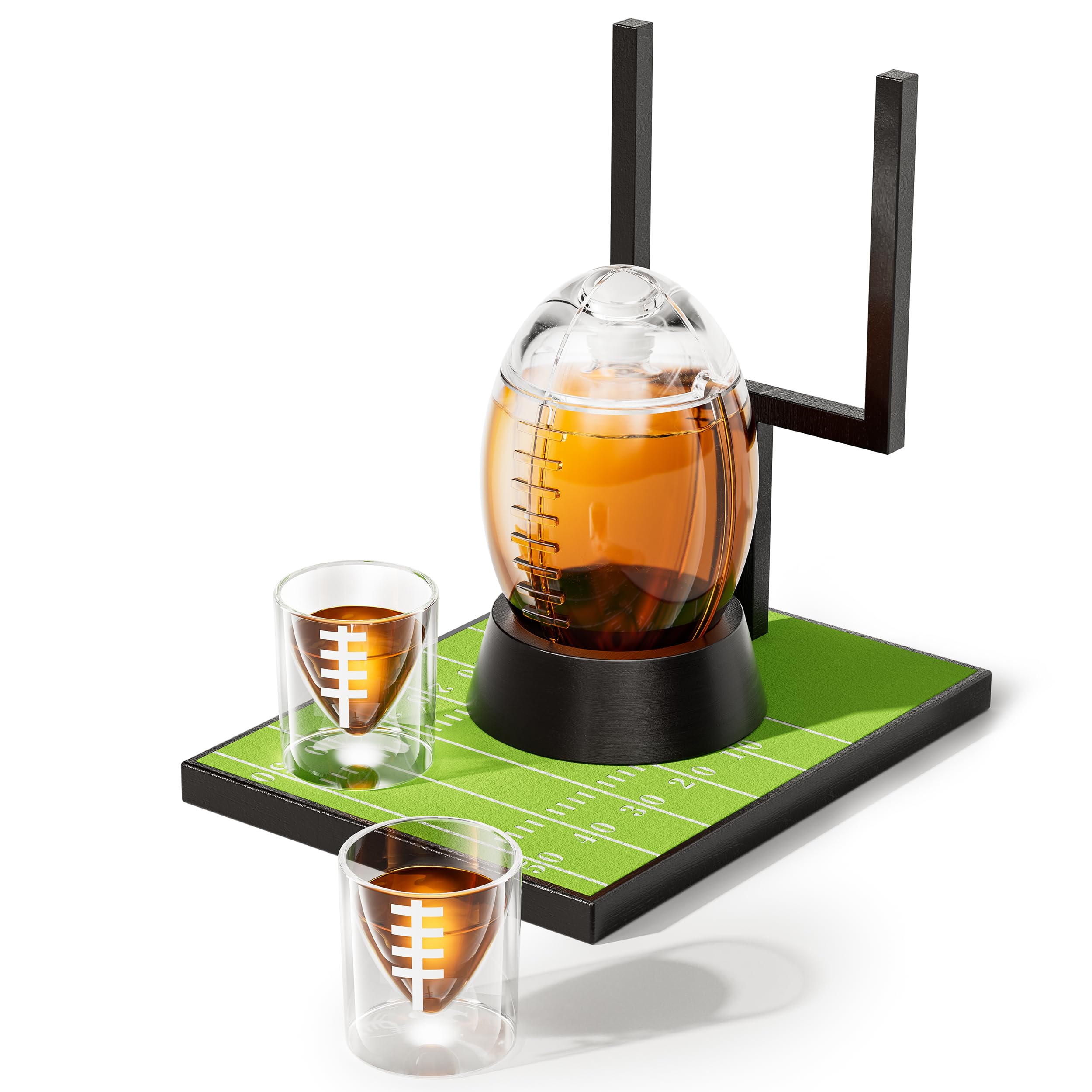 The Wine Things football decanter center display showcases premium craftsmanship.