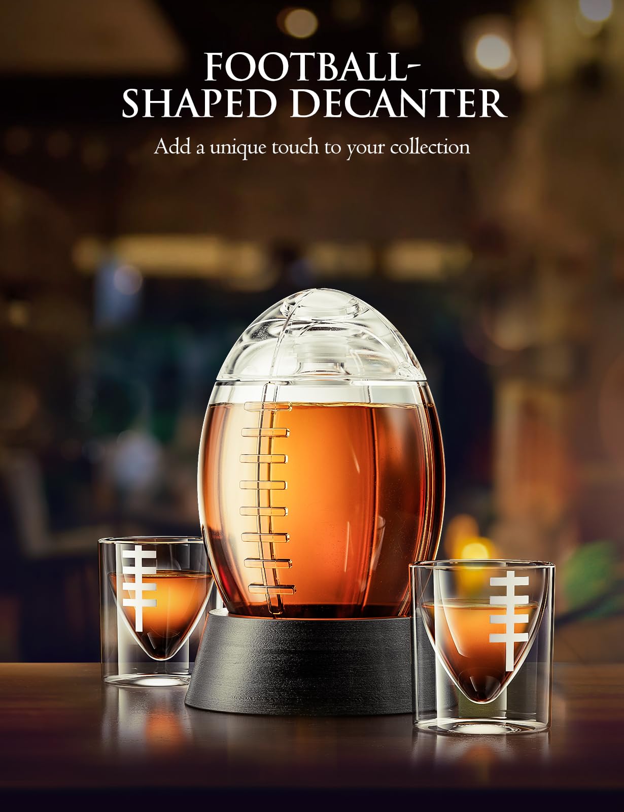The Wine Things football decanter glass set ideal for game night gatherings.