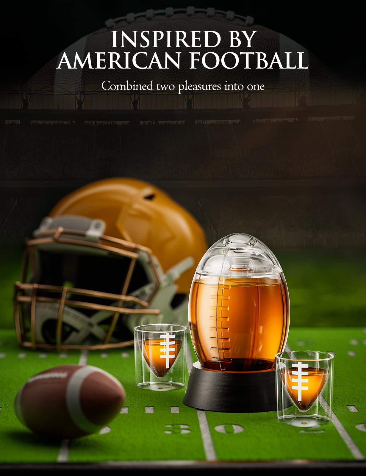 The Wine Things football decanter wood accents closeup highlights elegant uprights.