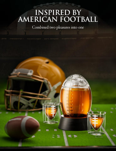 The Wine Things football decanter wood accents closeup highlights elegant uprights.