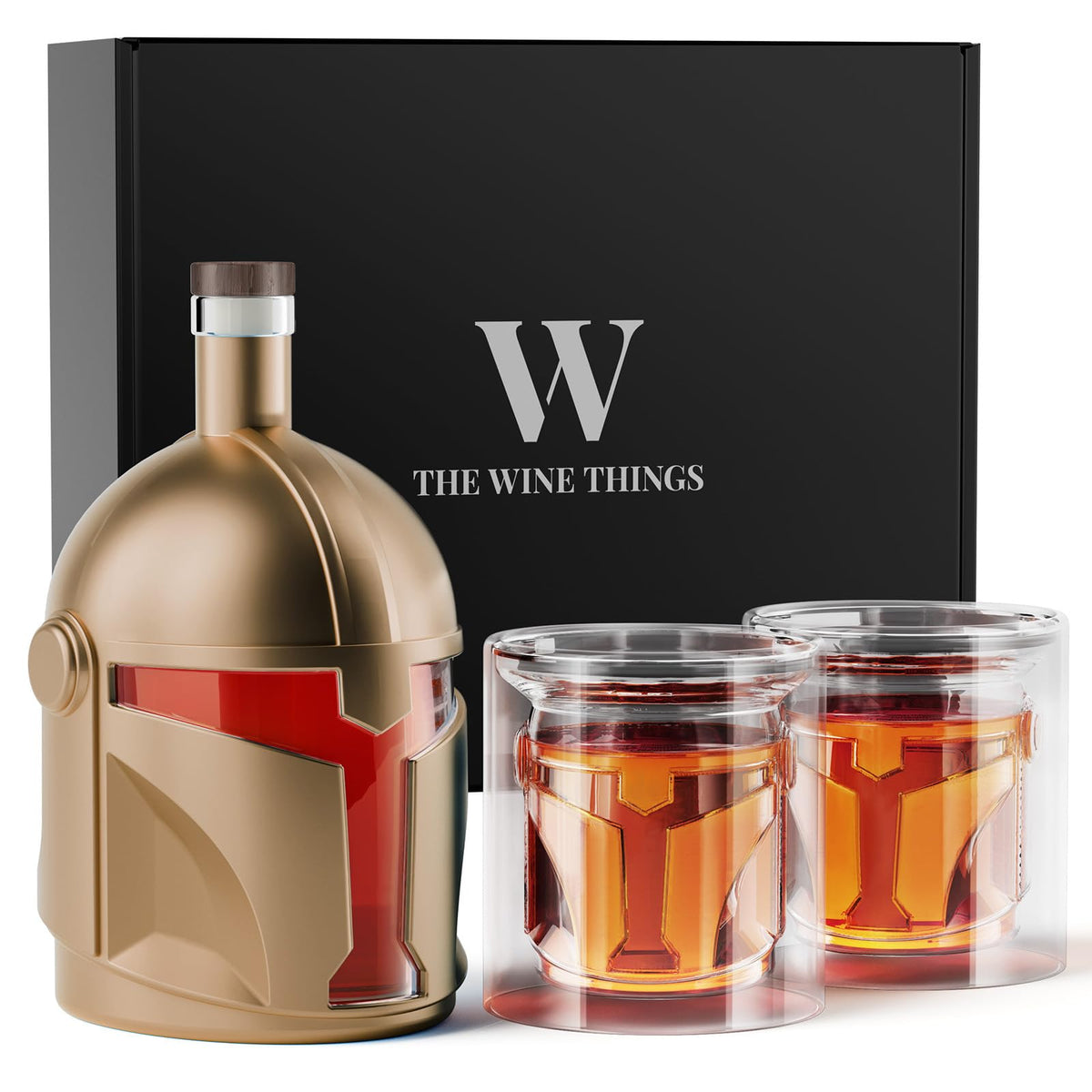 The Wine Things Galaxy decanter helmet-front view shows a striking home bar centerpiece.