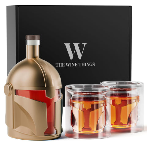 The Wine Things Galaxy decanter helmet-front view shows a striking home bar centerpiece.