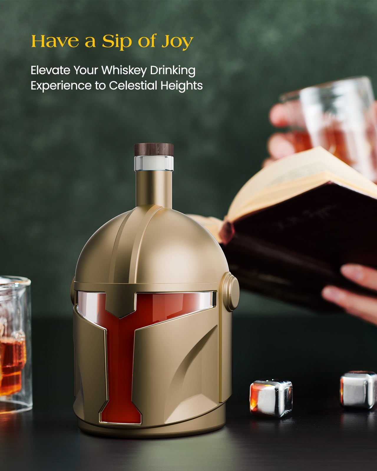 The Wine Things Galaxy decanter sits in a home bar setup with ambient lighting.