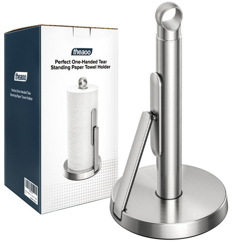 Theaoo tension arm on the paper towel holder enables one-handed tearing for quick cooking prep.