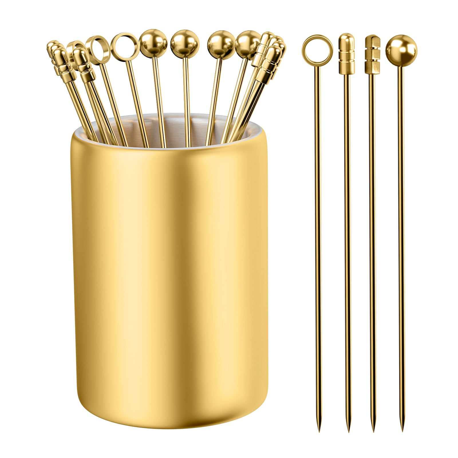 THECOSKY gold cocktail picks with holder, elegant garnish for olives and fruit.