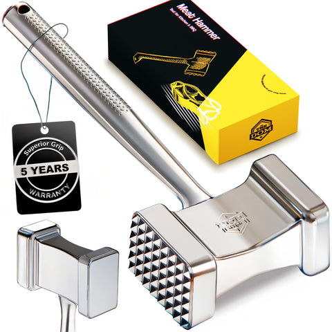 TheDOM stainless steel meat mallet head for durable tenderizing of beef and poultry.