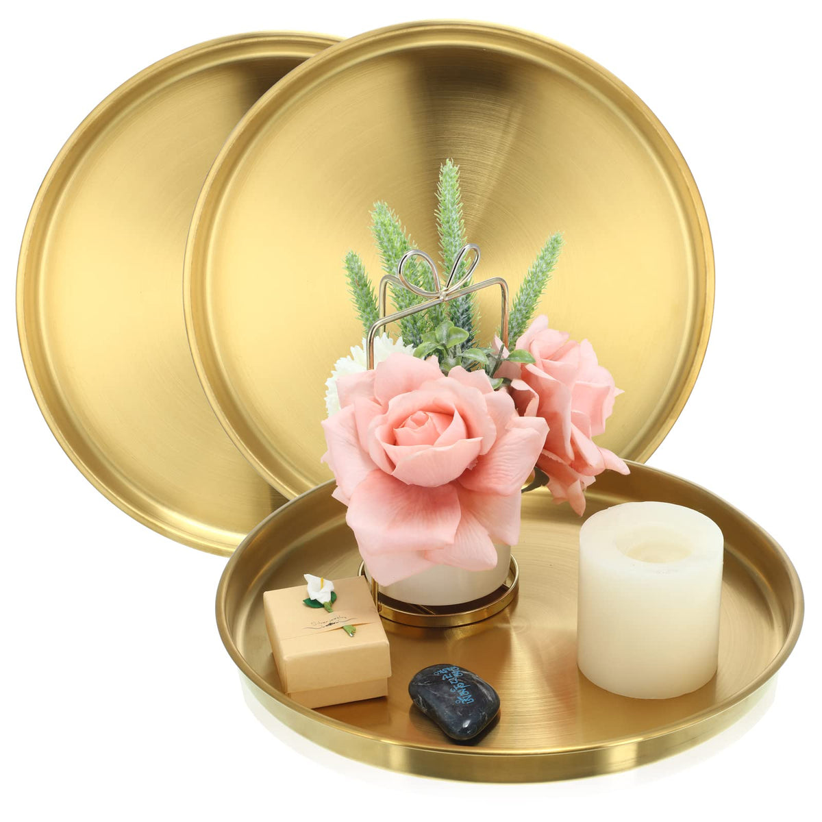 Thenshop three-piece gold round serving tray set on a stylish surface, ideal for decor and organization