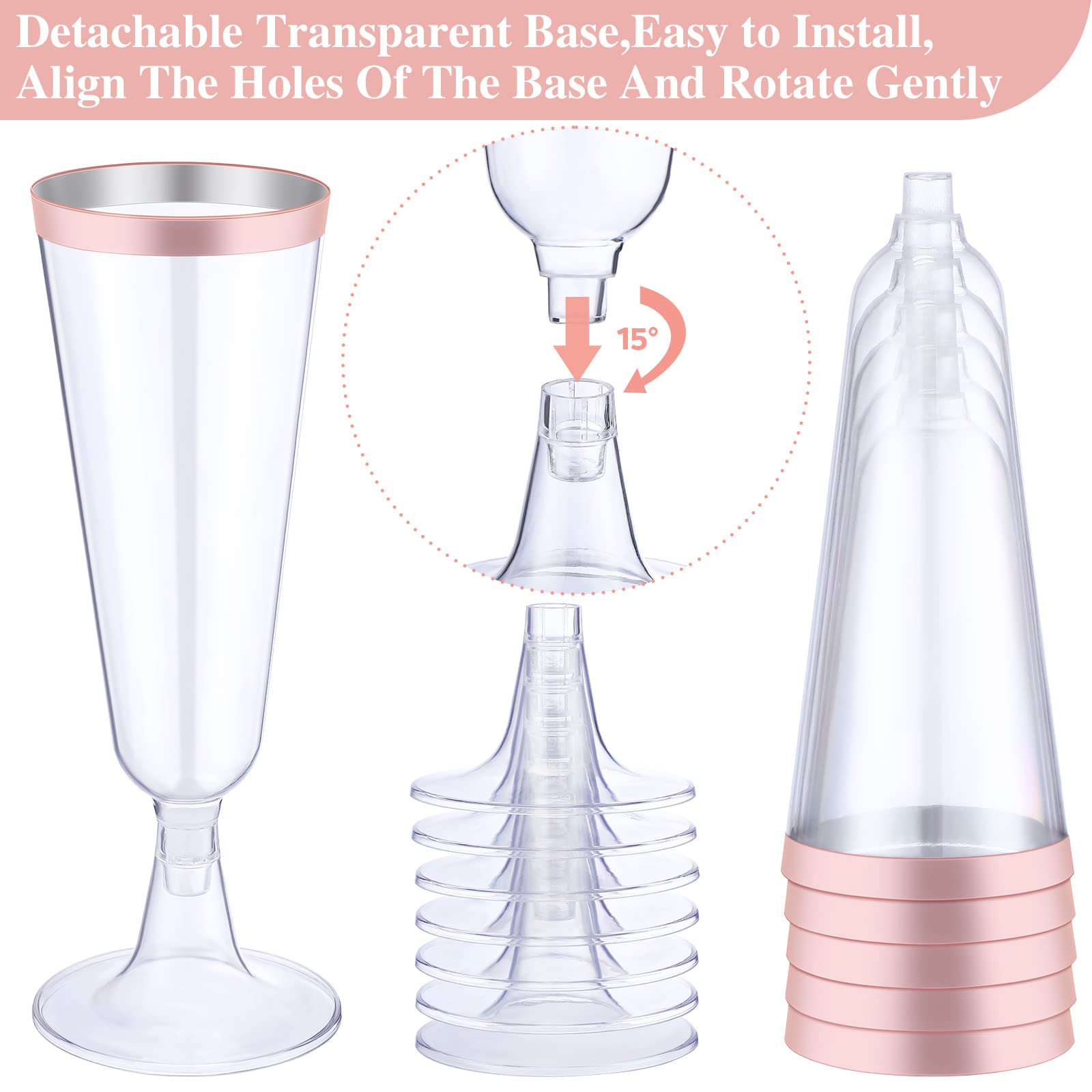 Thenshop disposable champagne flutes with detachable base for easy setup.