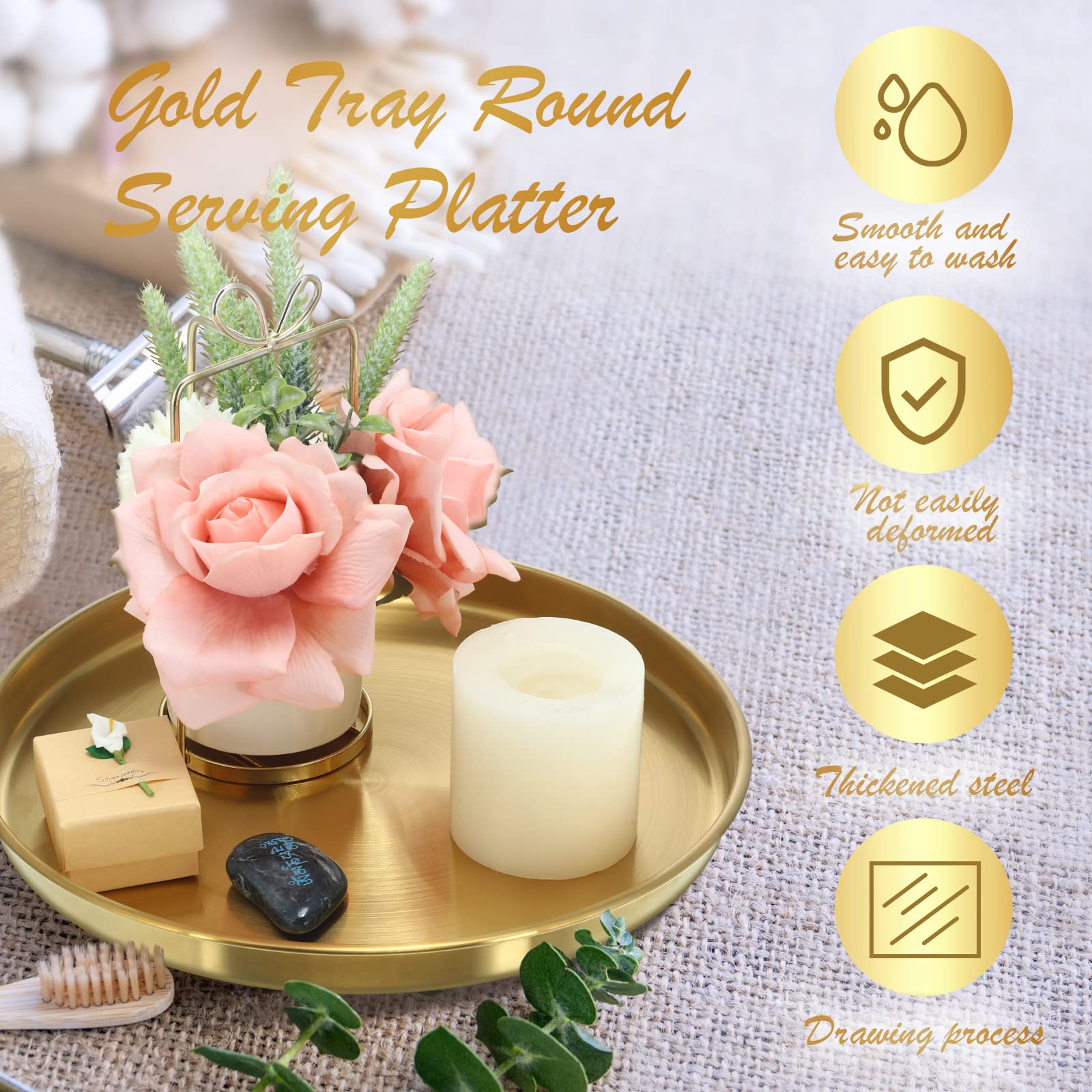 Thenshop gold round tray used to organize jewelry and cosmetics on a dresser