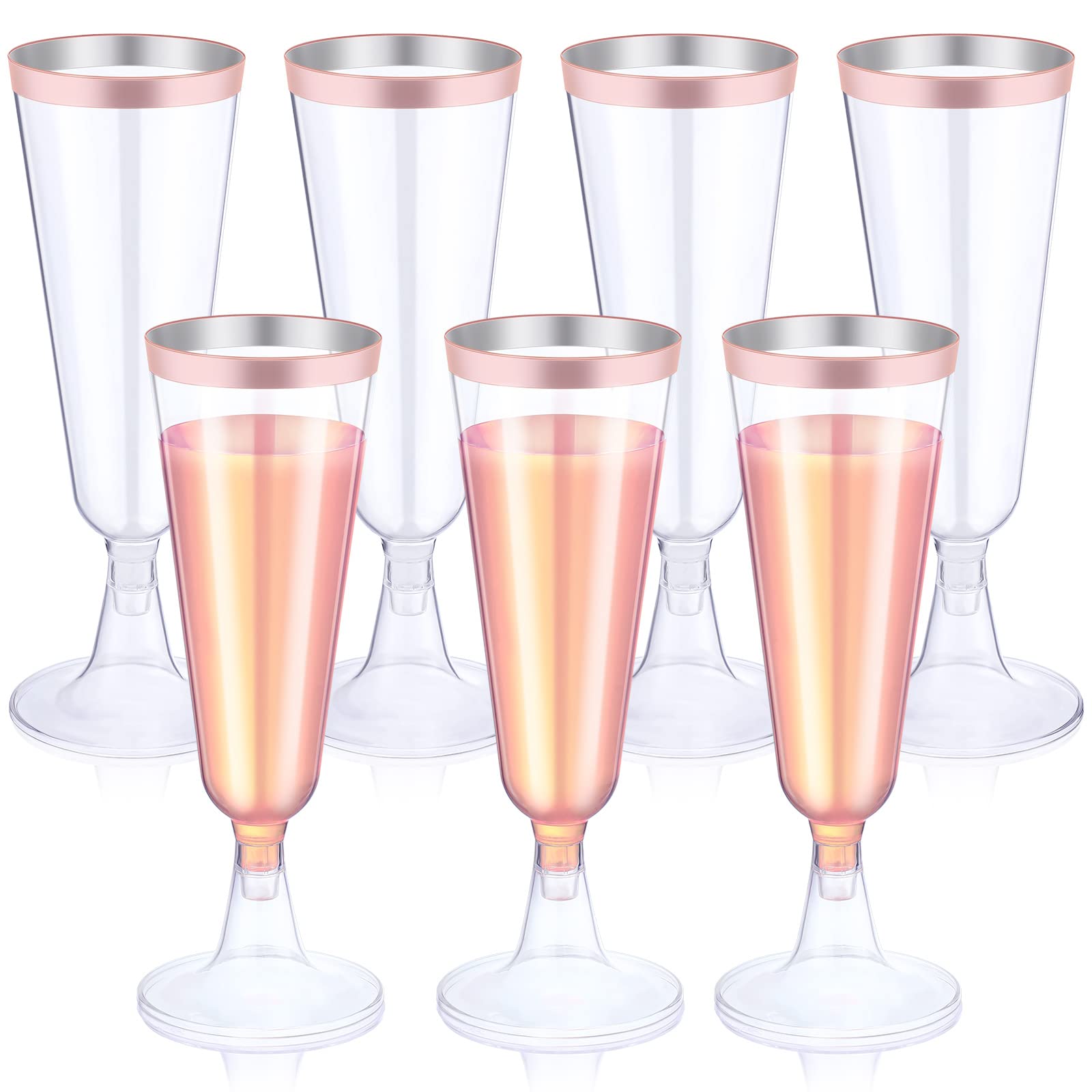 Thenshop rose gold rim champagne flute with clear body, ideal for weddings.