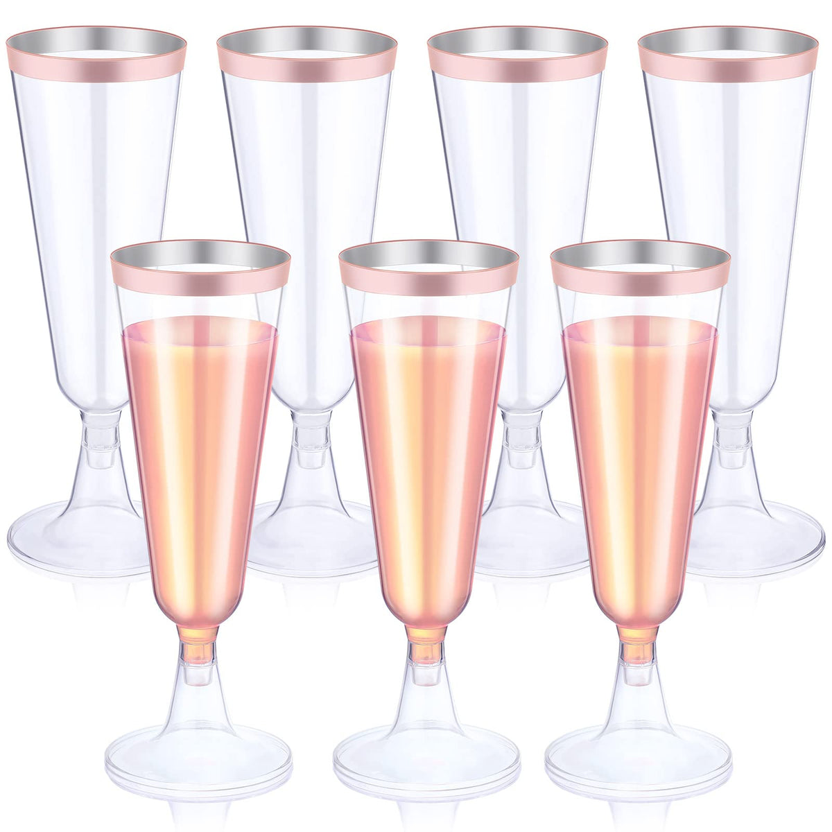 Thenshop rose gold rim champagne flute with clear body, ideal for weddings.